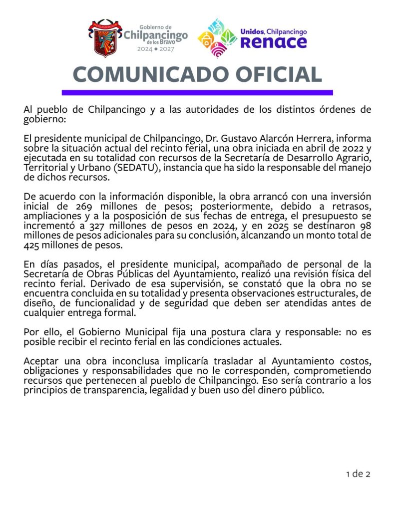 IMG-20260416-WA0066-791x1024 Gobierno Municipal de Chilpancingo, rechaza recinto ferial por fallas; “no más obras mal hechas”, advierte alcalde: